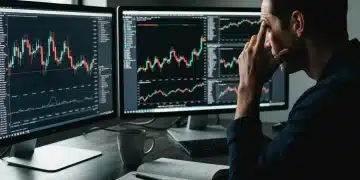 A concentrated investor analyzing real-time stock market data and financial news on dual monitors in a high-contrast, documentary style home office setting.
