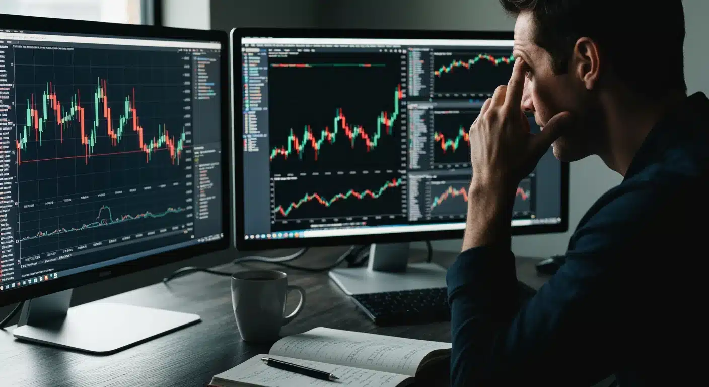 A concentrated investor analyzing real-time stock market data and financial news on dual monitors in a high-contrast, documentary style home office setting.