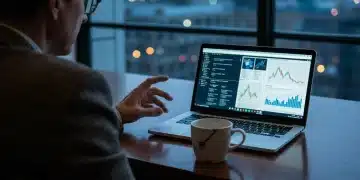 A person in their 40s analyzes financial news on a laptop, with city lights blurred in the background, illustrating critical market analysis for investment gains.