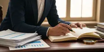 A person intently studying financial reports and economic data at a mahogany desk, with a fountain pen and journal, emphasizing focused investment analysis.