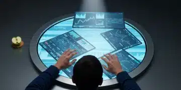 A person viewed from above, analyzing fragmented financial news on multiple digital screens, highlighting the challenge of information overload in investment analysis.