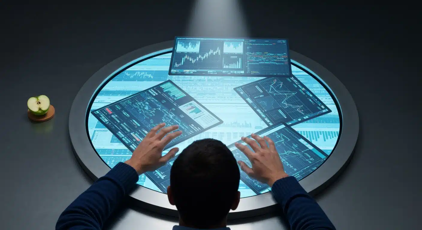 A person viewed from above, analyzing fragmented financial news on multiple digital screens, highlighting the challenge of information overload in investment analysis.