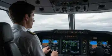 An investor, depicted as a pilot in a modern cockpit, analyzing complex digital displays of financial news and market data, with hands on controls, signifying strategic decision-making.