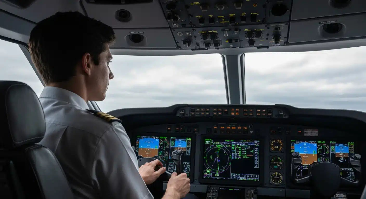 An investor, depicted as a pilot in a modern cockpit, analyzing complex digital displays of financial news and market data, with hands on controls, signifying strategic decision-making.