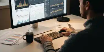 An investor analyzes complex financial news on a curved monitor, showing real-time data and a central bank headline, with a coffee mug and printouts on a desk.