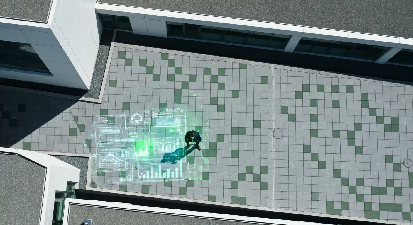 Aerial view of a person on a geometric rooftop, interacting with a holographic financial news interface amidst a structured urban landscape, highlighting strategic investment analysis.