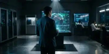 A person observing a holographic globe displaying financial data and geopolitical events in a high-tech command center, symbolizing global finance trends.
