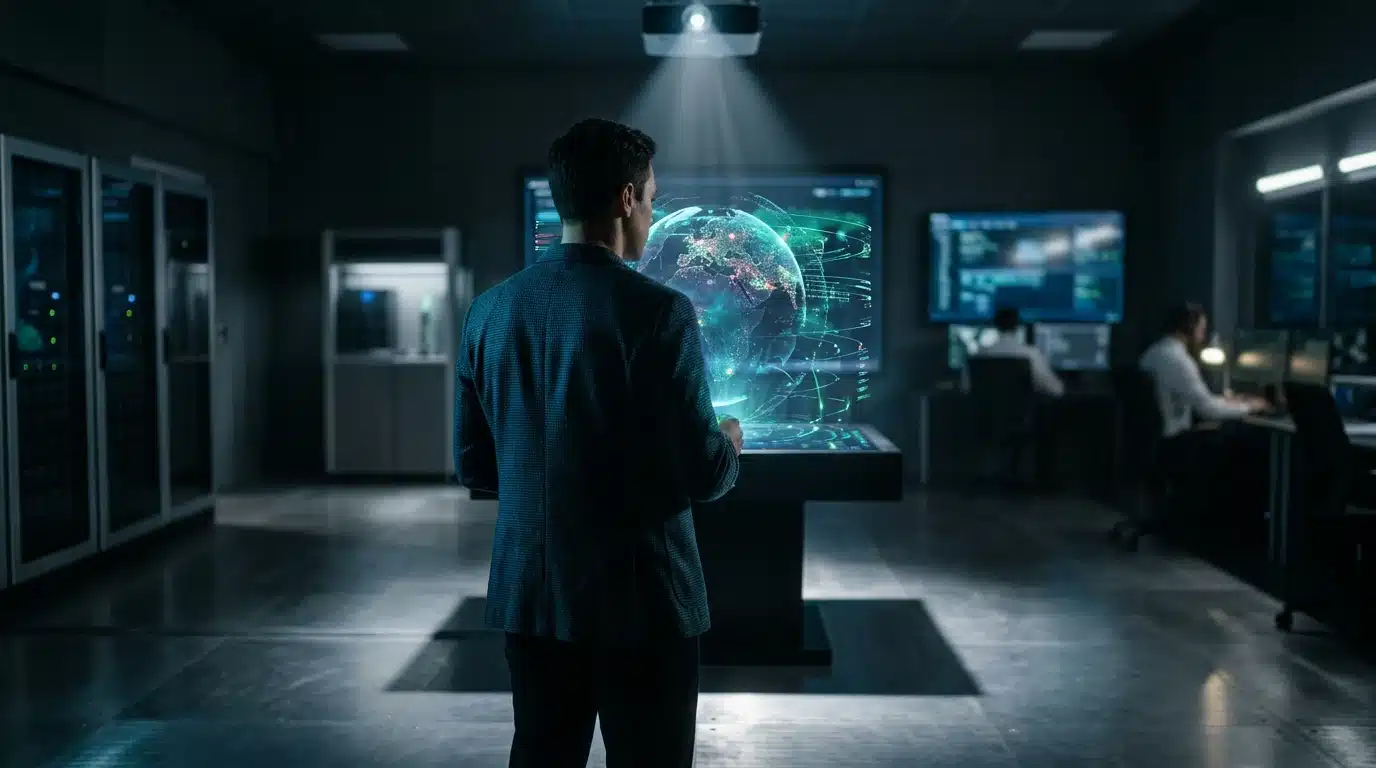 A person observing a holographic globe displaying financial data and geopolitical events in a high-tech command center, symbolizing global finance trends.