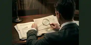 Person reviewing financial reports and stock market charts with a magnifying glass on a mahogany desk, illuminated by a single brass lamp, emphasizing strategic investment decisions.
