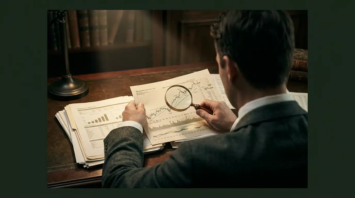 Person reviewing financial reports and stock market charts with a magnifying glass on a mahogany desk, illuminated by a single brass lamp, emphasizing strategic investment decisions.