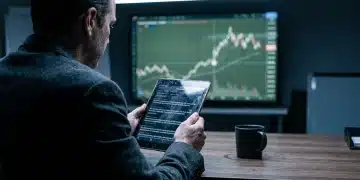 A financial professional intensely analyzing a stock chart on a tablet, filtering out news noise, with a focus on deep analysis for investment decisions.