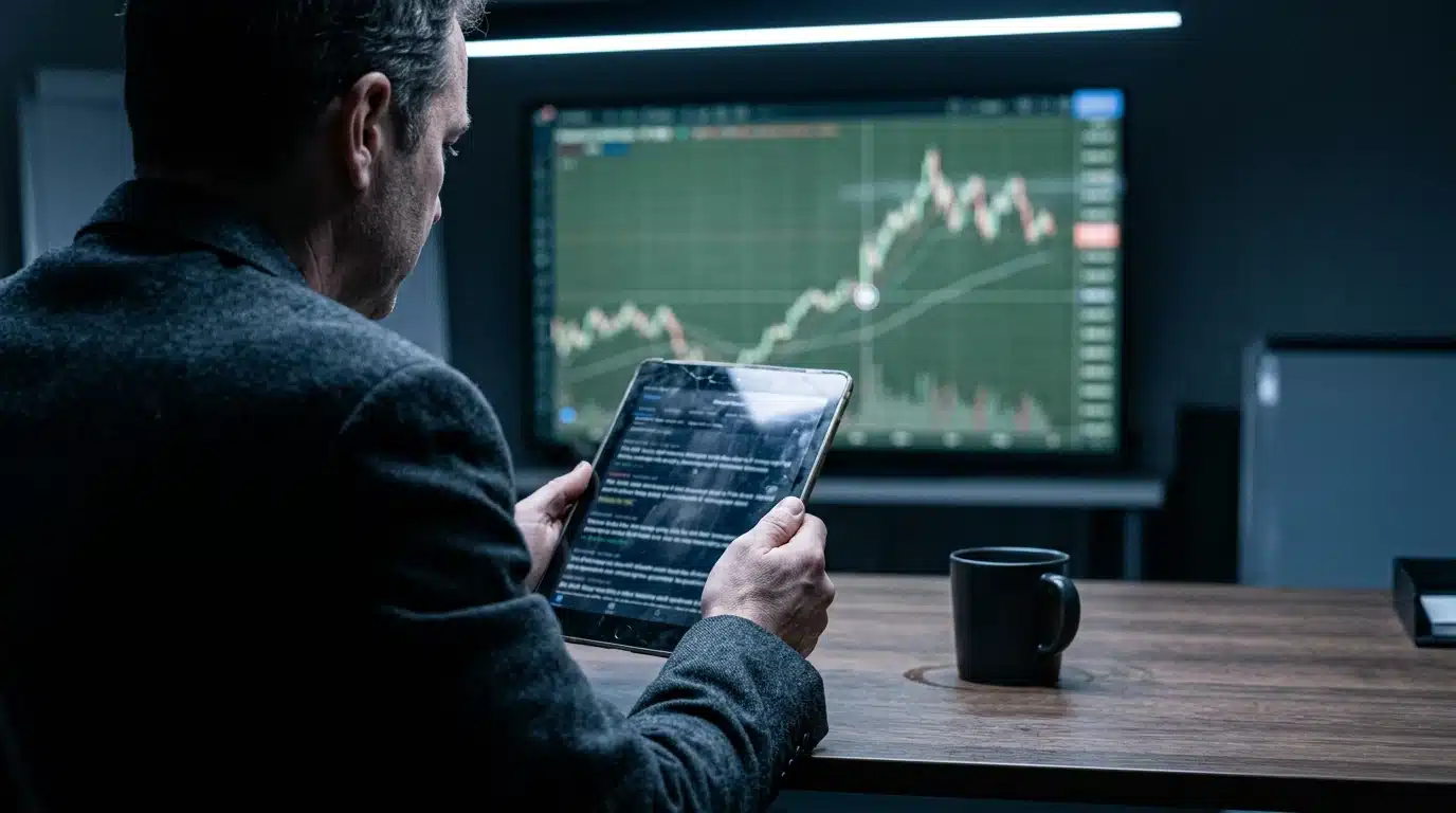 A financial professional intensely analyzing a stock chart on a tablet, filtering out news noise, with a focus on deep analysis for investment decisions.