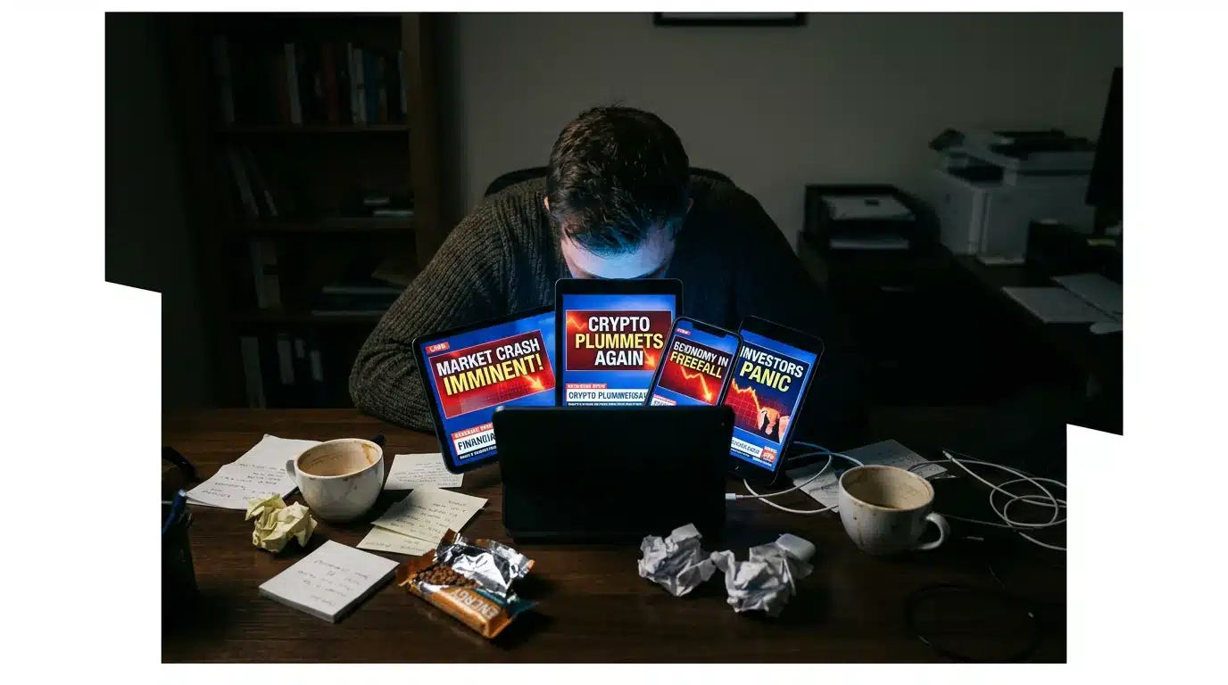 A person hunched over a desk, illuminated by multiple glowing screens displaying sensational finance news headlines, symbolizing information overload and poor investment decisions.