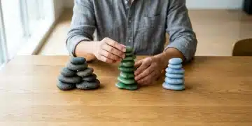 Person comparing three stacks of polished stones representing investment strategies: dark gray for value, vibrant green for growth, and light blue for passive, on a wooden table.