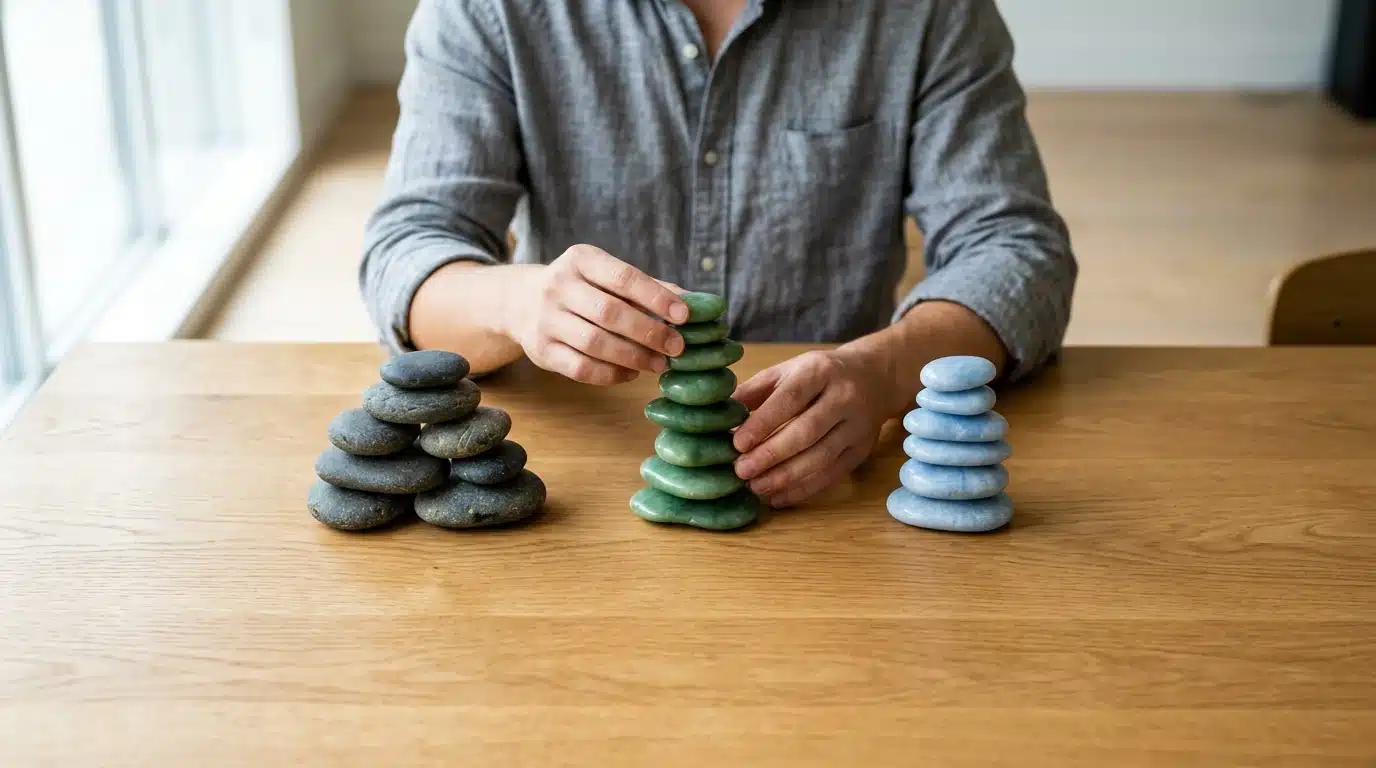 Person comparing three stacks of polished stones representing investment strategies: dark gray for value, vibrant green for growth, and light blue for passive, on a wooden table.