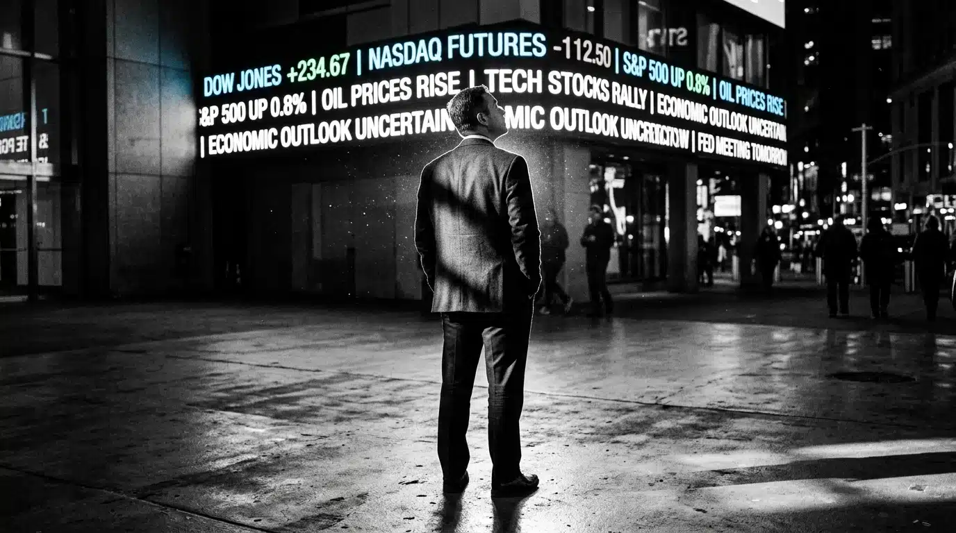 A person viewing a distorted digital news ticker displaying financial headlines, illustrating how news can influence investment decisions and cognitive biases.