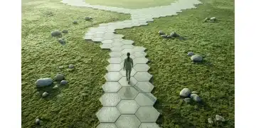An individual walks a winding, hexagonal path, symbolizing small, consistent steps towards financial growth and overcoming investment fears.