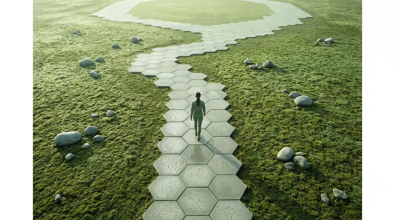 An individual walks a winding, hexagonal path, symbolizing small, consistent steps towards financial growth and overcoming investment fears.