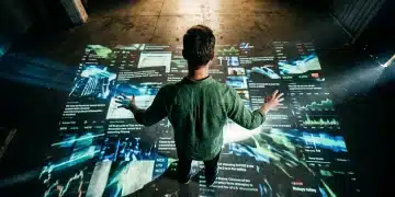 A person, seen from above, amidst a chaotic mosaic of digital financial news and data projections on a concrete floor, symbolizing the overwhelming flow of information and its impact on investors.