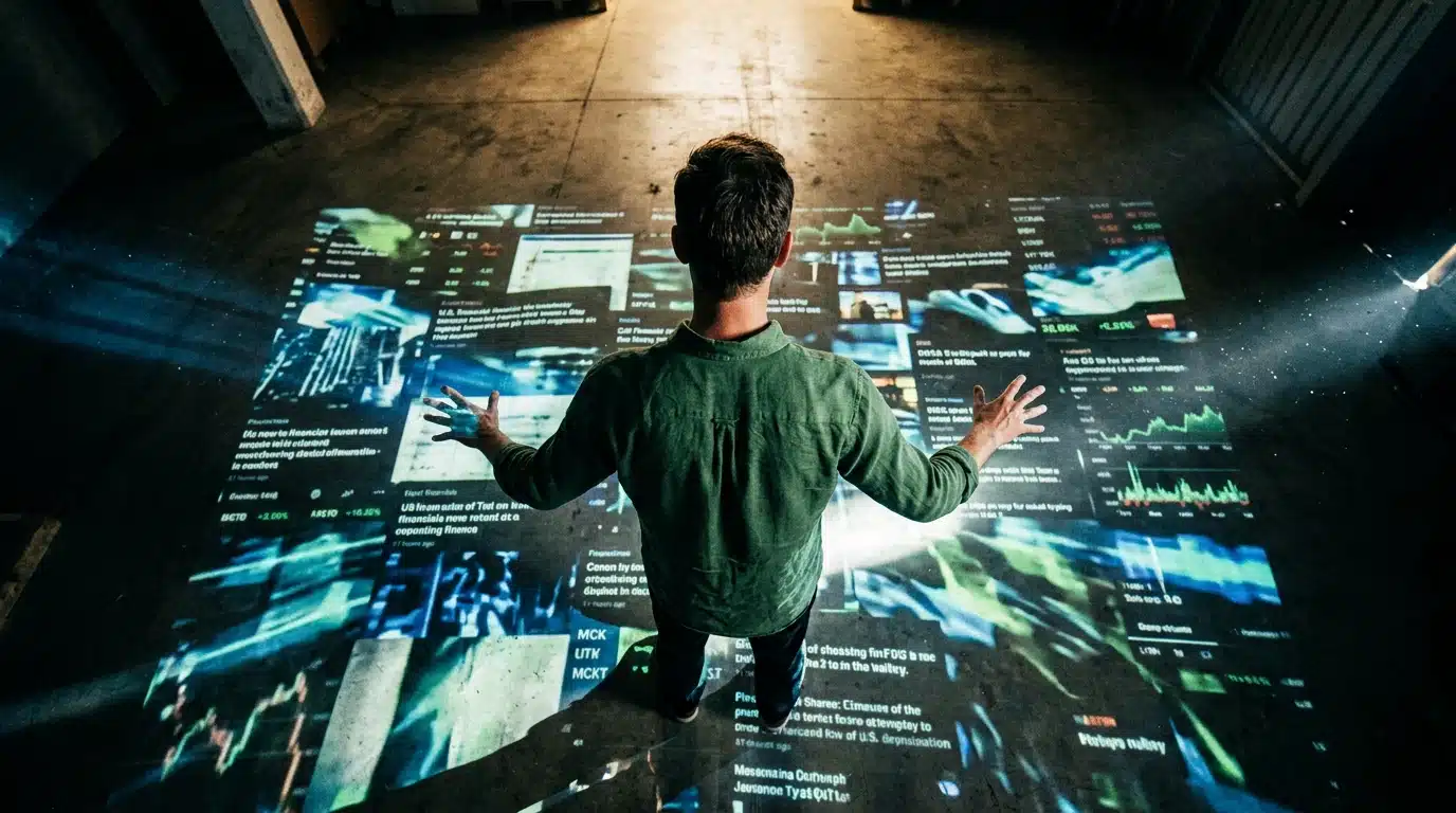 A person, seen from above, amidst a chaotic mosaic of digital financial news and data projections on a concrete floor, symbolizing the overwhelming flow of information and its impact on investors.