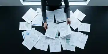 A person from above, sifting through a geometric arrangement of specialized reports and patent filings, illuminated by cool natural light, highlighting hidden market signals.