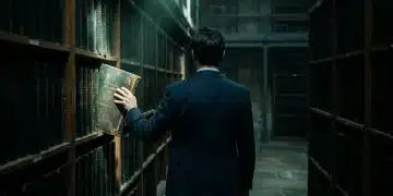 A person's hand reaching for a single illuminated ledger in a dark, vast financial archive, representing hidden risks in 'guaranteed' investment products.